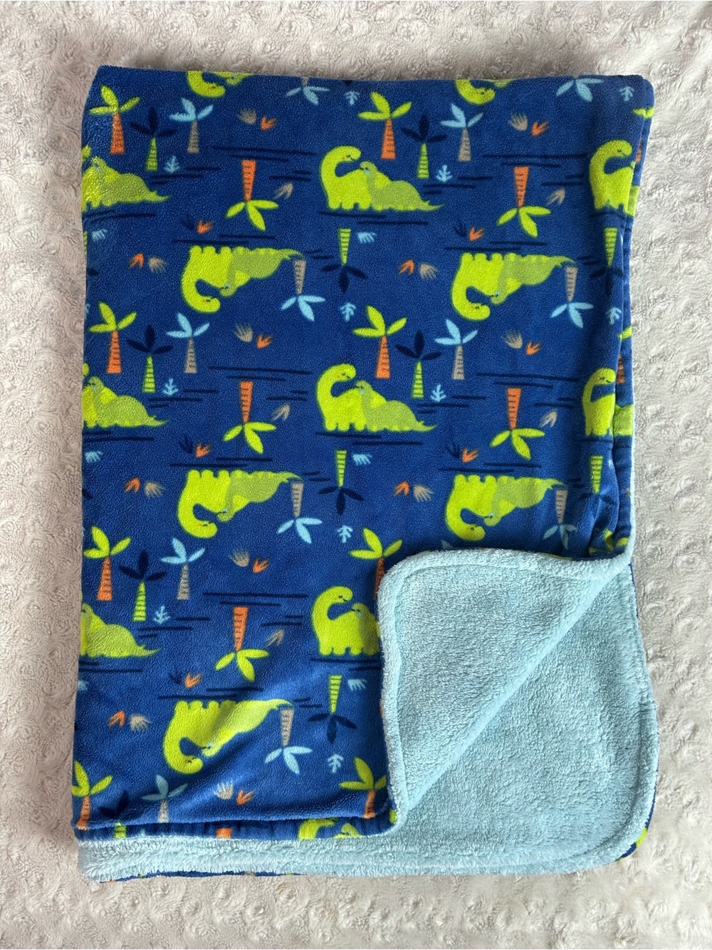 Parent's Choice Blue Green Dinosaur Baby Blanket Palm Trees Orange Footprints